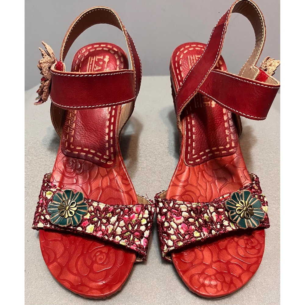L Artiste by Spring Step Red Leather Floral Wedge Sandals Womens 39 US Size 8.5